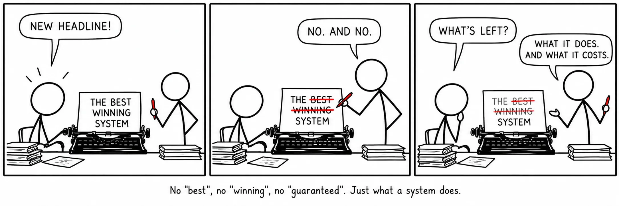 Inget ”bäst”, inget ”vinnande”, inget ”garanterad”. Bara vad ett system gör.